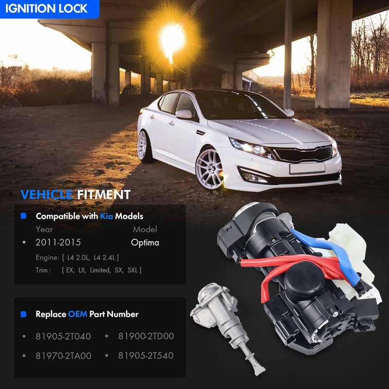 RHAOCZIYAUTO 81905-2T040 Ignition Lock Switch Assembly with Door Lock Cylinder & Keys Fit for Kia Optima 2011-2015, Ignition Lock Cylinder with Housing Replace# 81970-2TA00, 81900-2TD00 - Image 2